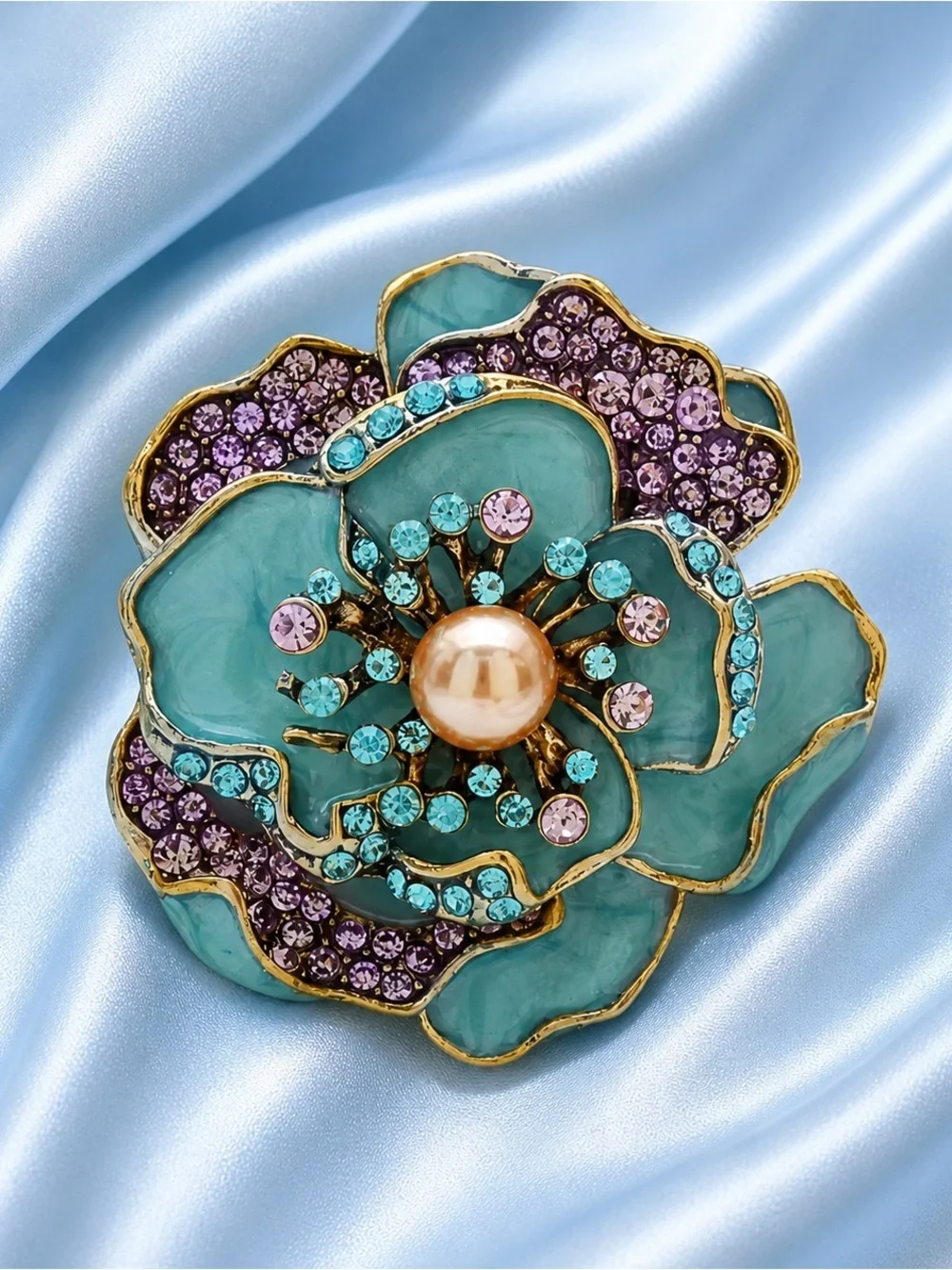 Aquamarine Blossom Floral Crystal Brooch